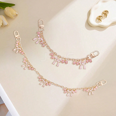2Pcs 2 Styles Alloy Enamel Pink Bowknot Charm Cable Chain Purse Decorative Chains HJEW-BBC0001-49-1