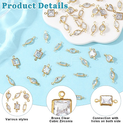 60Pcs 6 Styles Brass Clear Cubic Zirconia Connector Charms KK-YW0003-62-1