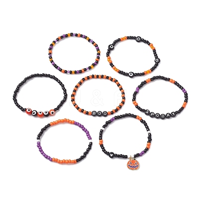 7Pcs 7 Styles Evil Eye & Word Glass & Lampwork Beaded Stretch Bracelet Sets BJEW-JB10447-1