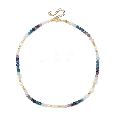 Natural Apatite & Aquamarine & Amethyst & Rose Quartz & Lapis Lazuli Faceted Cube and Pearl Beaded Necklaces NJEW-JN06302-1