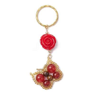 Butterfly Glass Seed & Natural Carnelian & Natural Tiger Eye Beaded Keychain KEYC-MZ00022-1