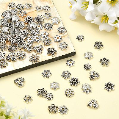 100Pcs 10 Styles Tibetan Style Alloy Bead Caps FIND-CJ0005-67-1