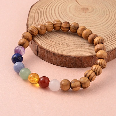 Round Wood Beaded Stretch Bracelets BJEW-JB02135-05-1