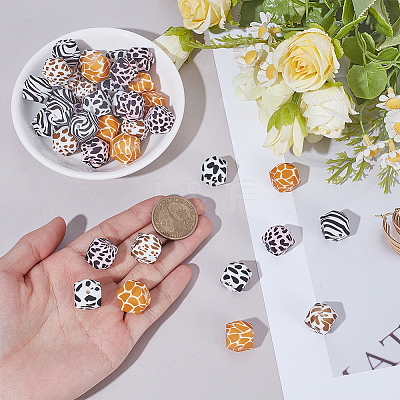 50Pcs 5 Styles Colorful Pattern Printed Silicone Focal Beads SIL-SP0001-24-1