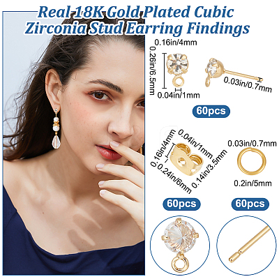 60Pcs Diamond Shape Brass Cubic Zirconia Stud Earring Findings KK-BBC0012-64-1