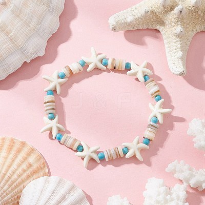 3Pcs Synthetic Turquoise & Natural Freshwater Shell Beads Stretch Bracelets for Women BJEW-JB12021-1