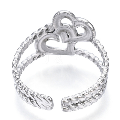 Non-Tarnish 304 Stainless Steel Interlocking Heart Open Cuff Ring RJEW-N040-16-1