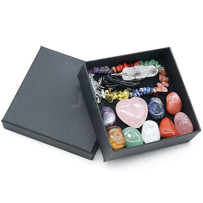 Tumbled and Heart Stone & Bracelet & Necklace Mixed Natural Gemstone Healing Stones Set PW-WG44401-01-1
