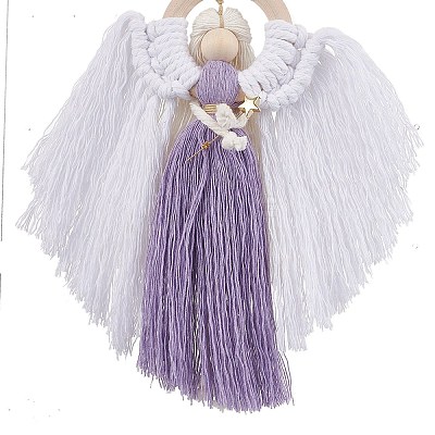 Angel Wood & Cotton Threads Pendant Decoration HJEW-JM02406-03-1