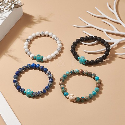4Pcs 4 Style Natural Mixed Gemstone & Synthetic Turquoise(Dyed) Tortoise Beaded Stretch Bracelets Set for Women BJEW-TA00211-1