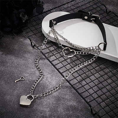 1Pc Aluminum Heart Lock Key Pendant PU Leather Choker Necklaces for Women NJEW-UN0001-69-1