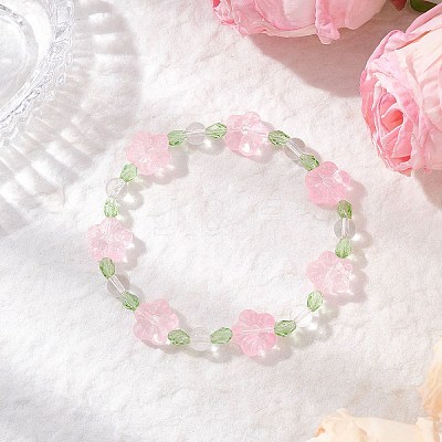 3Pcs 3 Colors Plum Blossom Flower Glass Beads Stretch Bracelets for Women BJEW-JB12138-1