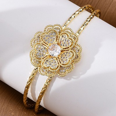Brass Micro Pave Clear Cubic Zirconia Cuff Bangles for Women BJEW-U025-08G-1