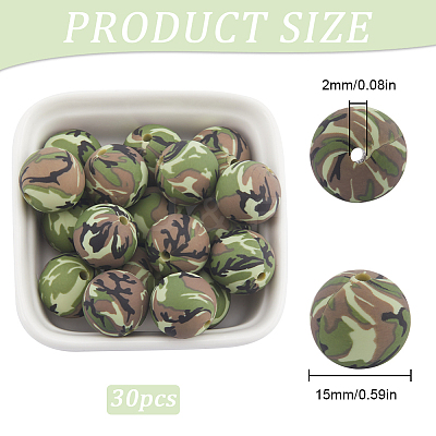 30pcs Round with Camouflage Pattern Silicone Focal Beads SIL-SC0002-03A-1
