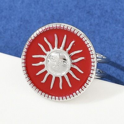 Flat Round with Sun Pattern 304 Stainless Steel Enamel Finger Rings for Women RJEW-G355-05P-02-1