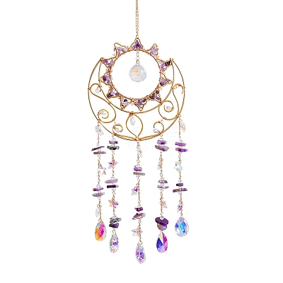 Natural Amethyst Chips & Metal Sun Moon Suncatchers HJEW-F027-12-1