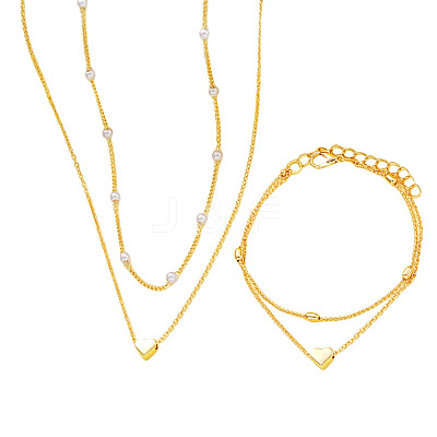 Heart Alloy & Plastic Imitation Pearls Round Beaded Necklaces & Double Layer Bracelets Sets FS-WGC2DB5-01-1