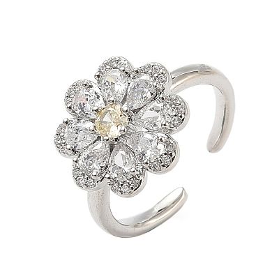 Flower Brass Micro Pave Cubic Zirconia Cuff Rings for Women RJEW-A069-01B-P-1