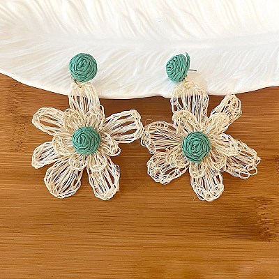 Bohemian Raffia with Linen Stud Dangle Earrings FS-WG91701-07-1