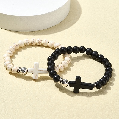 2Pcs 2 Color Dyed Synthetic Turquoise Cross & Alloy Beaded Stretch Bracelets Set BJEW-YW00002-02-1