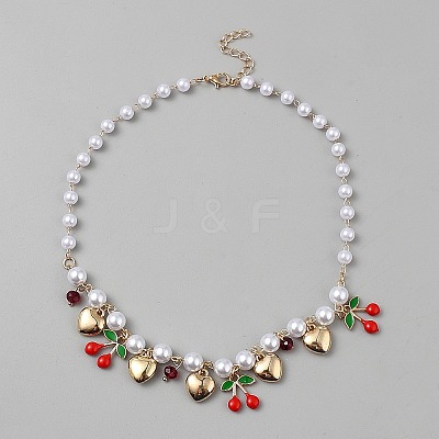 ABS Imitation Pearl Round Beaded Alloy Heart Red Cherry Bib Necklaces for Women NJEW-WH0023-76-1