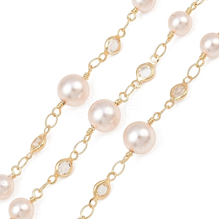 Rack Plating Brass & Round ABS Imitation Pearl & Glass Beaded Link Chains KK-CBA3816-01D-1