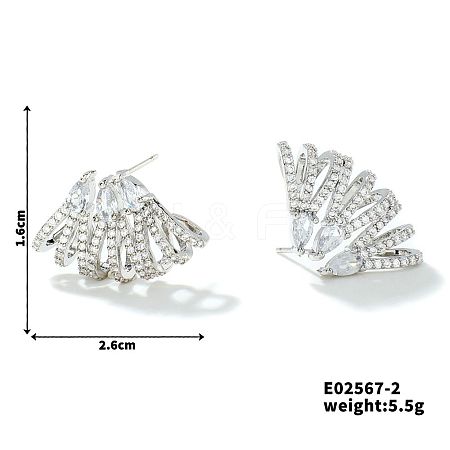 Geometric Copper Fan-shaped Luxury Zircon Stud Earrings QJ0345-2-1