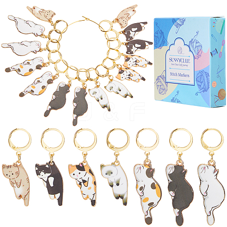 21Pcs 7 Styles Cat Alloy Enamel Pendant Locking Stitch Markers HJEW-SC00113-1