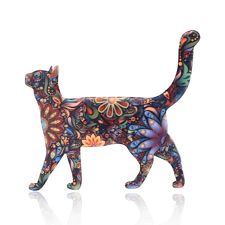 Acrylic Flower Print Cat Brooch PW-WG60493-03-1