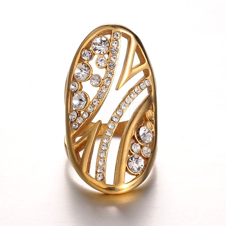 Golden Tone Chic Lady's 316 Stainless Steel Rhinestone Wide Band Finger Rings RJEW-J066-58-17mm-1