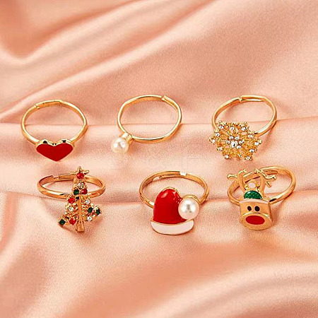 Christmas Theme Alloy Enamel with Rhinestone Finger Rings Sets FS-WG22033-01-1