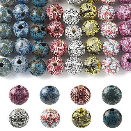 40Pcs 8 Colors Bohemian Style Printed Schima Wood Beads WOOD-FS0002-52-1