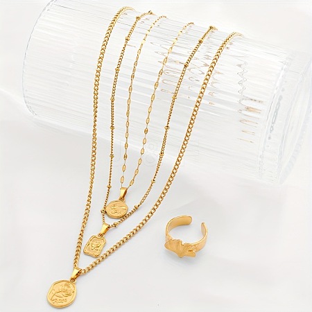 Oval/Flat Round/Rectangle with Rose Pattern 304 Stainless Steel Pendant Necklaces & Ginkgo Leaf Cuff Ring Sets FS-WGBCCD7-01-1