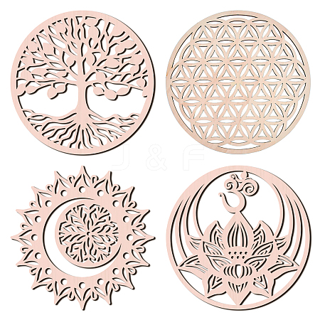 GLOBLELAND 4Pcs 4 Styles Laser Cut Wooden Wall Sculpture WOOD-GL0001-05-1