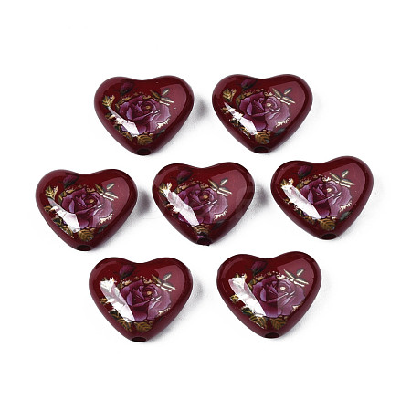 Flower Printed Opaque Acrylic Heart Beads SACR-S305-28-L03-1
