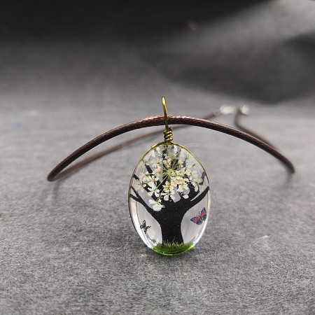 Alloy Wire Wrapped Oval Glass Inner Dried Flower Tree Pendant Waxed Cord Necklaces for Women FS-WG6B63C-01-1