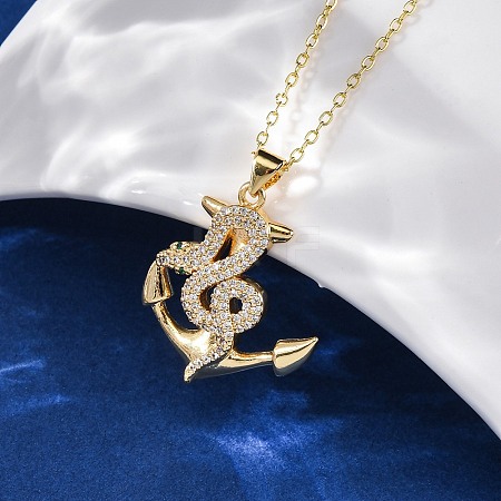 Brass Micro Pave Clear Cubic Zirconia Anchor Snake Pendant Necklaces NJEW-S438-02J-G-1