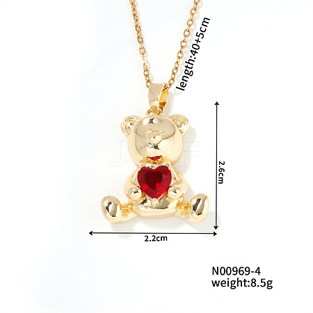 Cute Bear Heart Brass Ruby Rhinestone Pendant Necklaces for Women BF5088-4-1