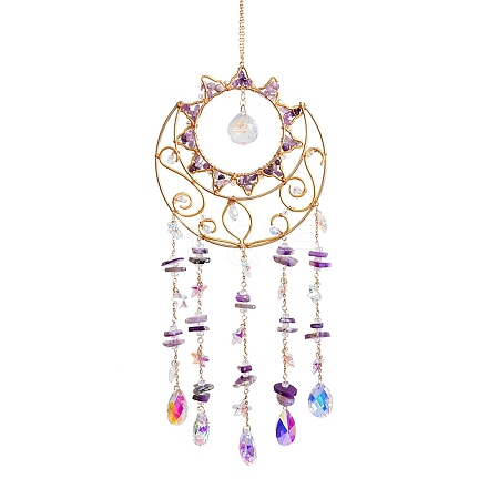 Natural Amethyst Chips & Metal Sun Moon Suncatchers HJEW-F027-12-1