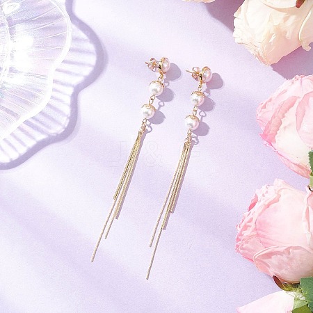 Shell Pearl Bead Tassel Stud Earrings EJEW-JE06653-1