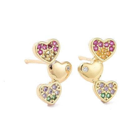 Colorful Rhinestone Triple Heart Stud Earrings EJEW-M209-10G-A-1