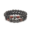 Natural Black Larvikite & Lava Rock & Wood Beads Stretch Bracelets Set BJEW-JB07499-1