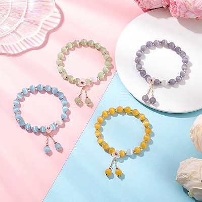 4Pcs Cat Eye Beads Stretch Bracelets for Women BJEW-TA00691-1