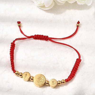 Adjustable 304 Stainless Steel Flat Round with Saint Benedict Braided Bead Bracelets for Women BJEW-K295-03G-01-1