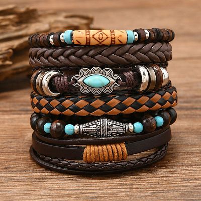 6Pcs 6 Styles Wood & Synthetic Turquoise Beaded Stretch Bracelets & Alloy Synthetic Turquoise Link Bracelets & Retro PU Leather Cord Bracelets for Men's FS-WG129F8-03-1