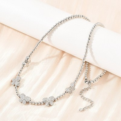 Brass Micro Pave Clear Cubic Zirconia Butterfly and Round Beaded Necklaces KK-CBA4547-13P-1