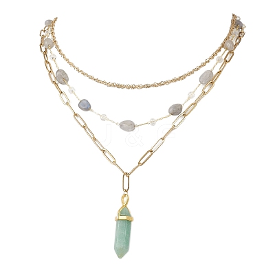 Natural Green Aventurine Double Terminated Pointed Bullet Pendant 304 Stainless Steel & Brass Chain 3 Layer Necklaces for Women NJEW-JN05477-02-1