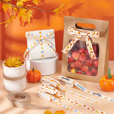 10 Yards 5 Styles Autumn Theme Printed Cotton & Burlap Ribbons OCOR-BC0005-44-1