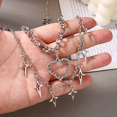 Alloy Hollow Heart and Star Pendant Double Layer Necklaces for Women WG6A60D-01-1