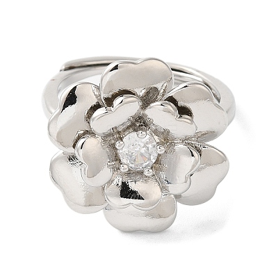 Rack Plating Flower Brass Micro Pave Clear Cubic Zirconia Adjustable Rings RJEW-S413-02P-1